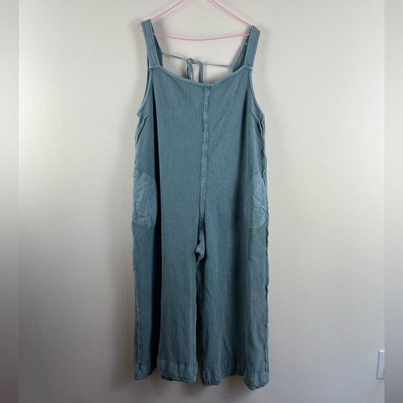 Boutique Mineral Wash Waffle Knit Open Back Jumpsuit - Picture 2 of 8